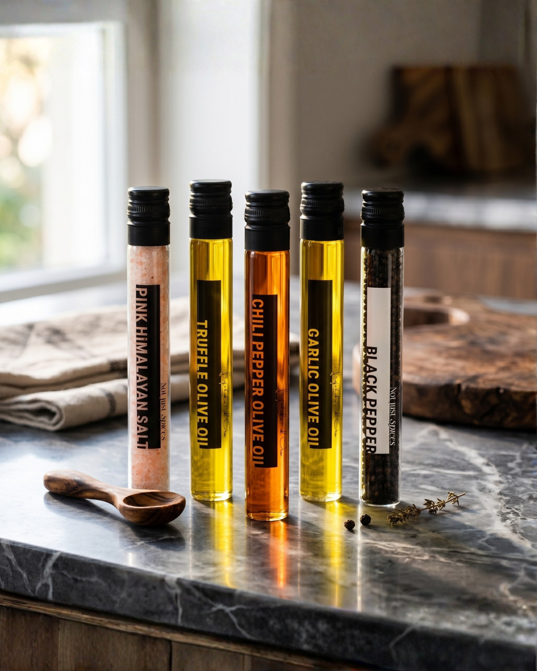 Vijf glazen tubes met olijfolie, zout en peper, waaronder truffel- en knoflookolijfolie, op een marmeren keukenblad.