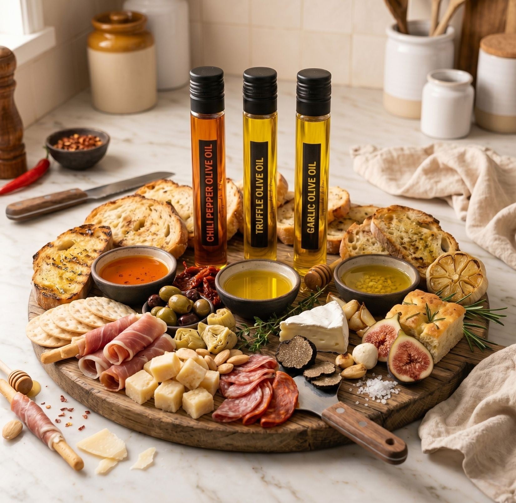 Drie olijfolietubes (chili, truffel, knoflook) op een rijk gevulde borrelplank met brood, kaas, charcuterie, olijven en vijgen.
