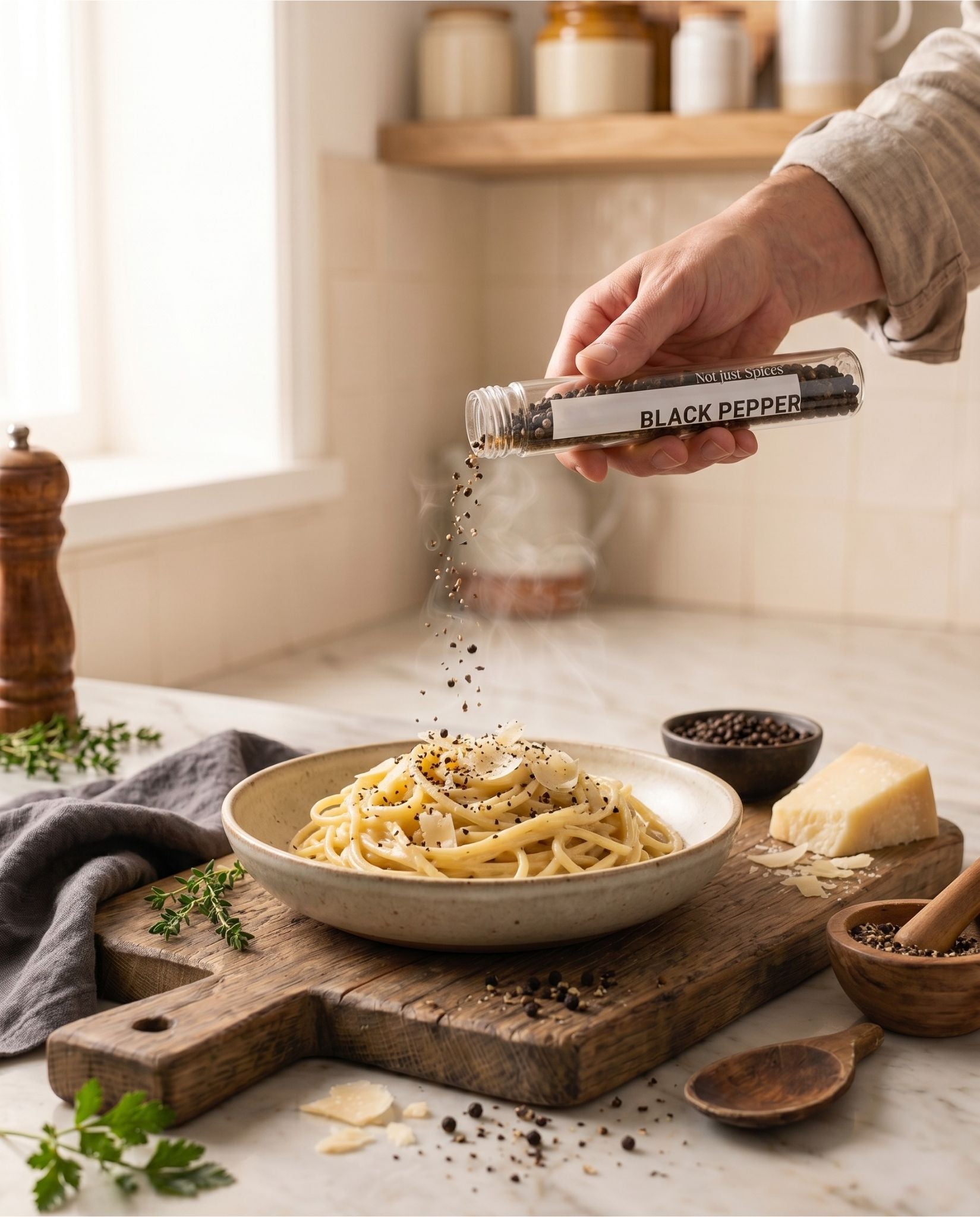 Hand strooit zwarte peper uit een tube over een bord pasta met parmezaan, in een lichte keuken met verse kruiden.