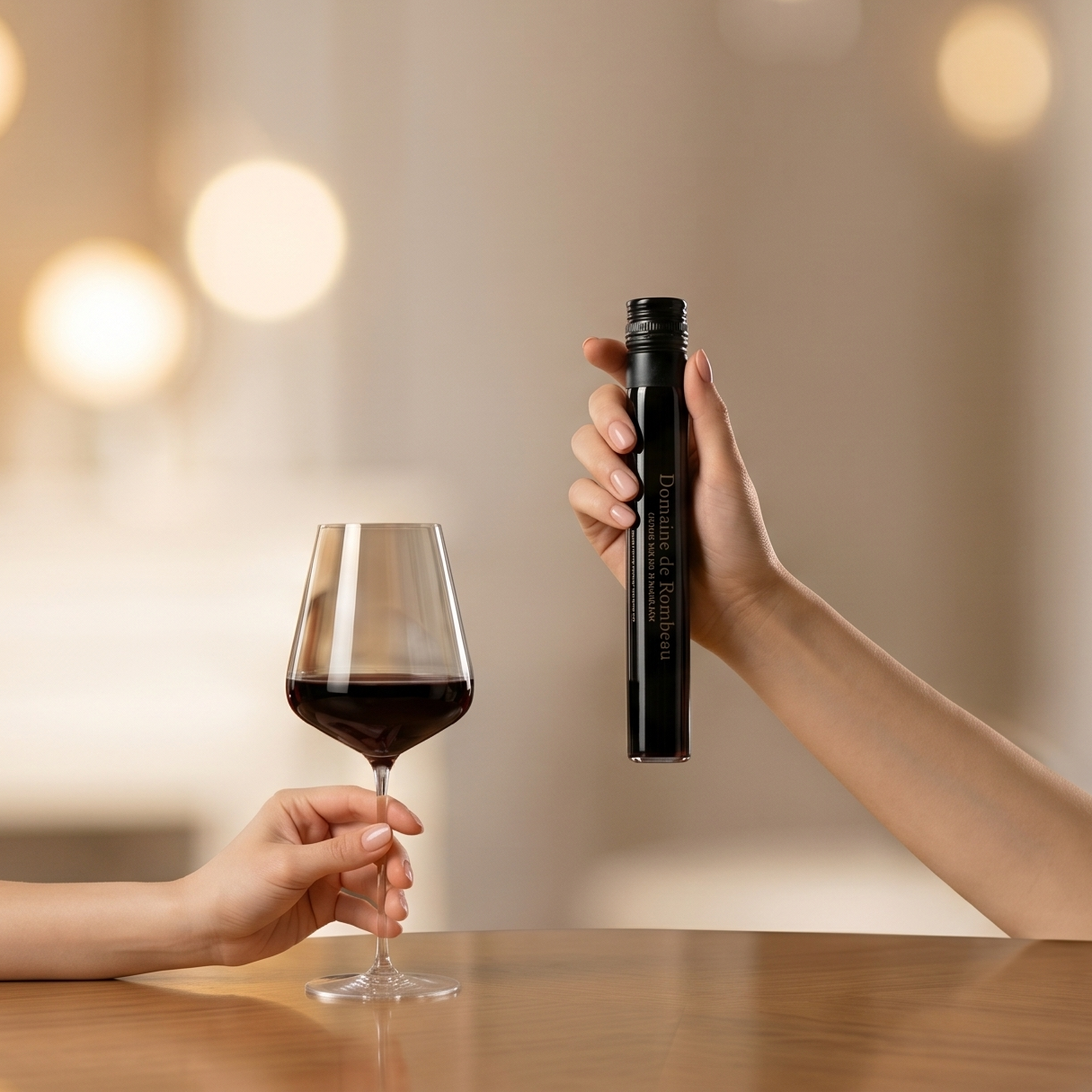 Alt-tekst: Een hand houdt een Domaine de Rombeau-rodewijntube vast terwijl een andere hand een glas rode wijn vasthoudt.