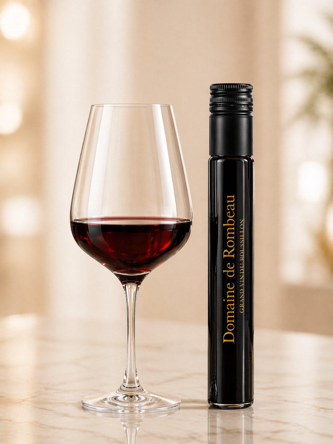 Domaine de Rombeau-rodewijntube naast een glas rode wijn op marmer.
