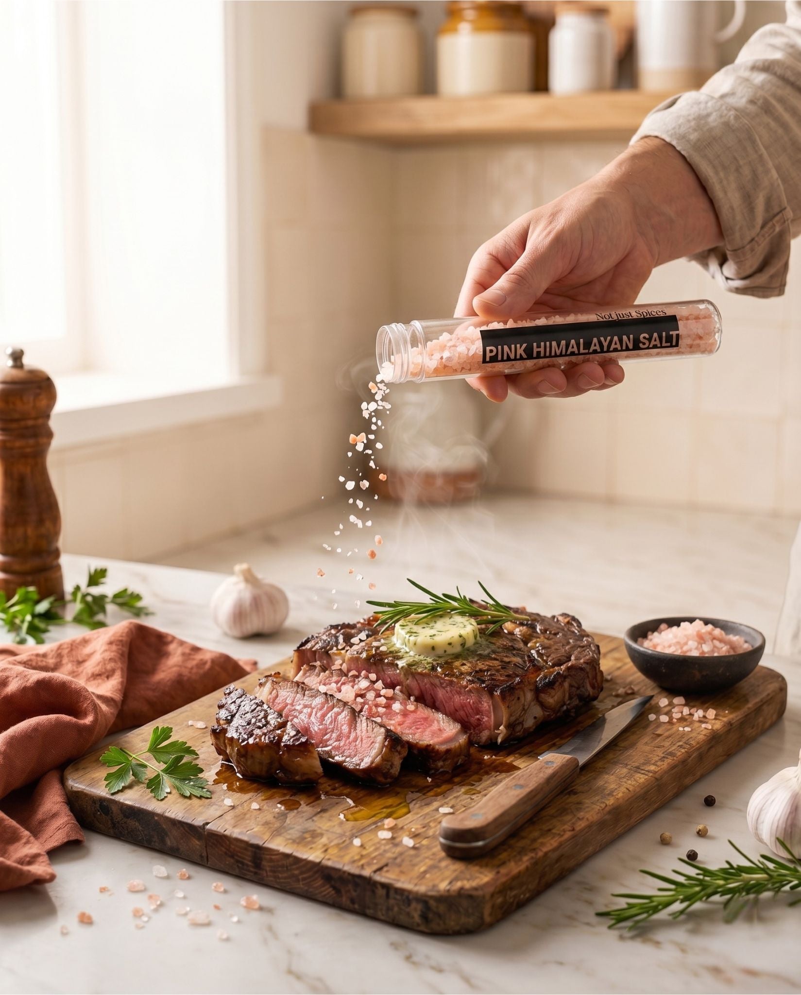 Hand strooit roze himalayazout uit een tube over een gegrilde, aangesneden steak met kruidenboter, in een lichte keuken.