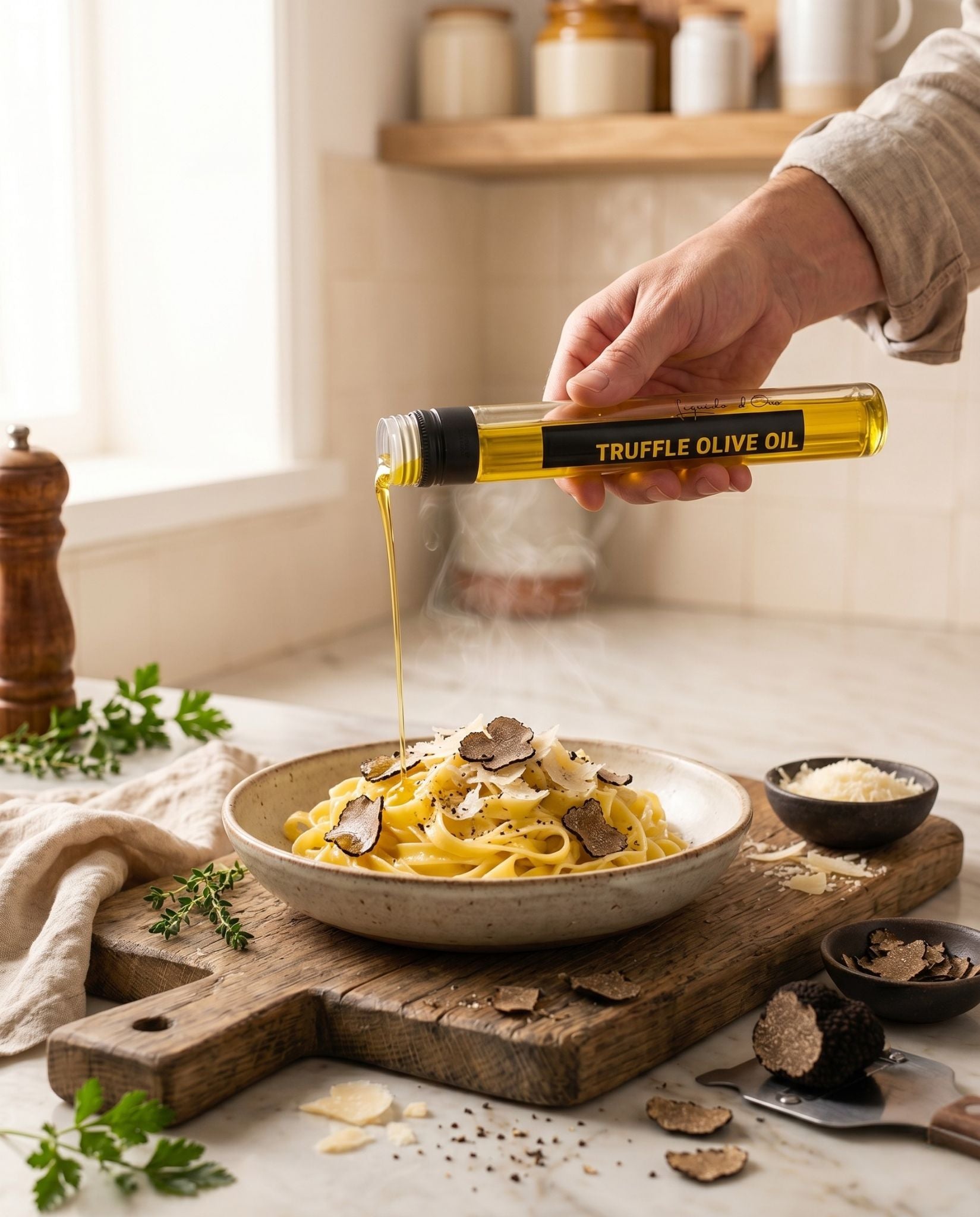 Hand schenkt truffel-olijfolie uit een tube over een bord pasta met truffel en parmezaan, in een lichte keuken.