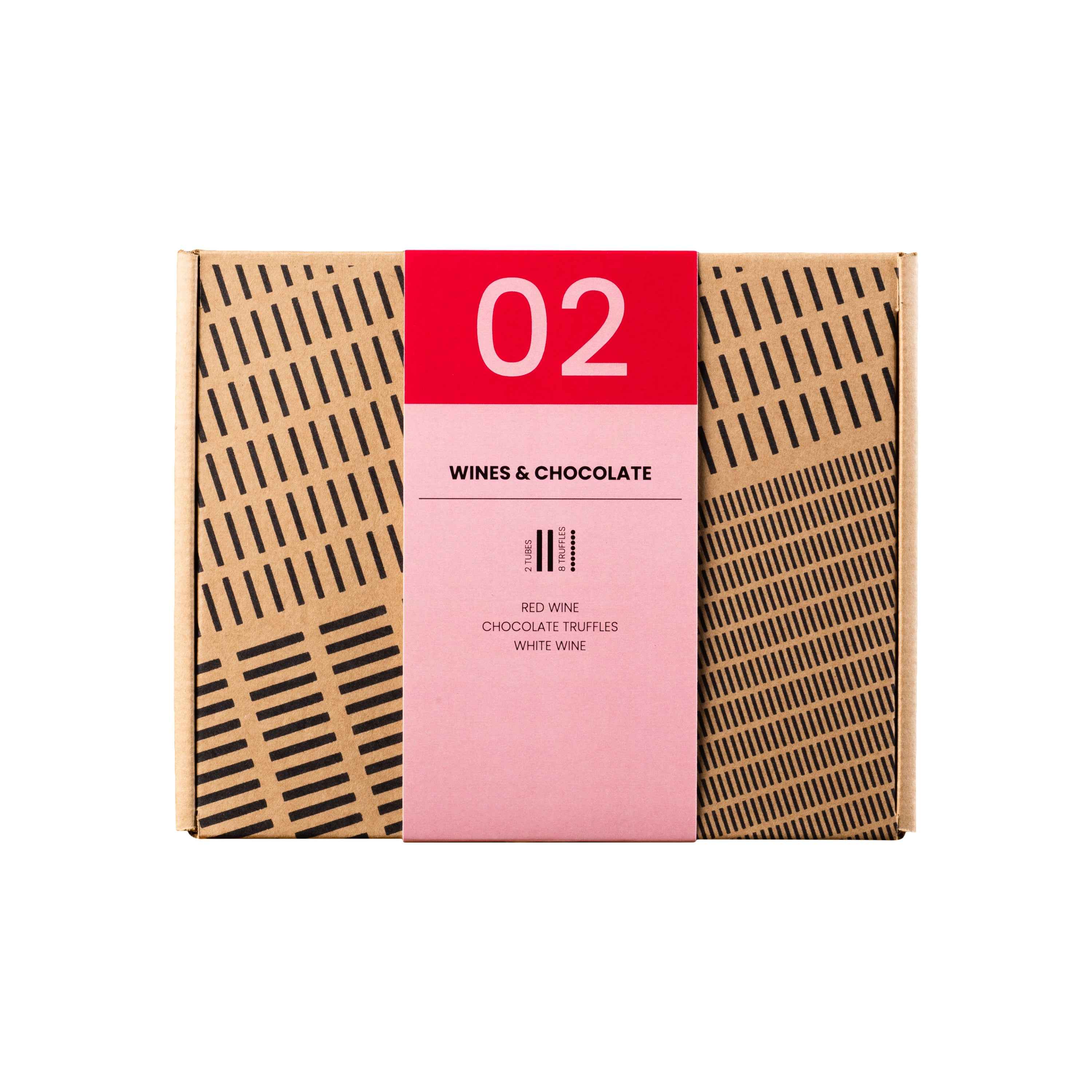 Wijn en chocolade cadeau letterbox met 2 wijnen en 8 chocoladetruffels - TUBES Gifts