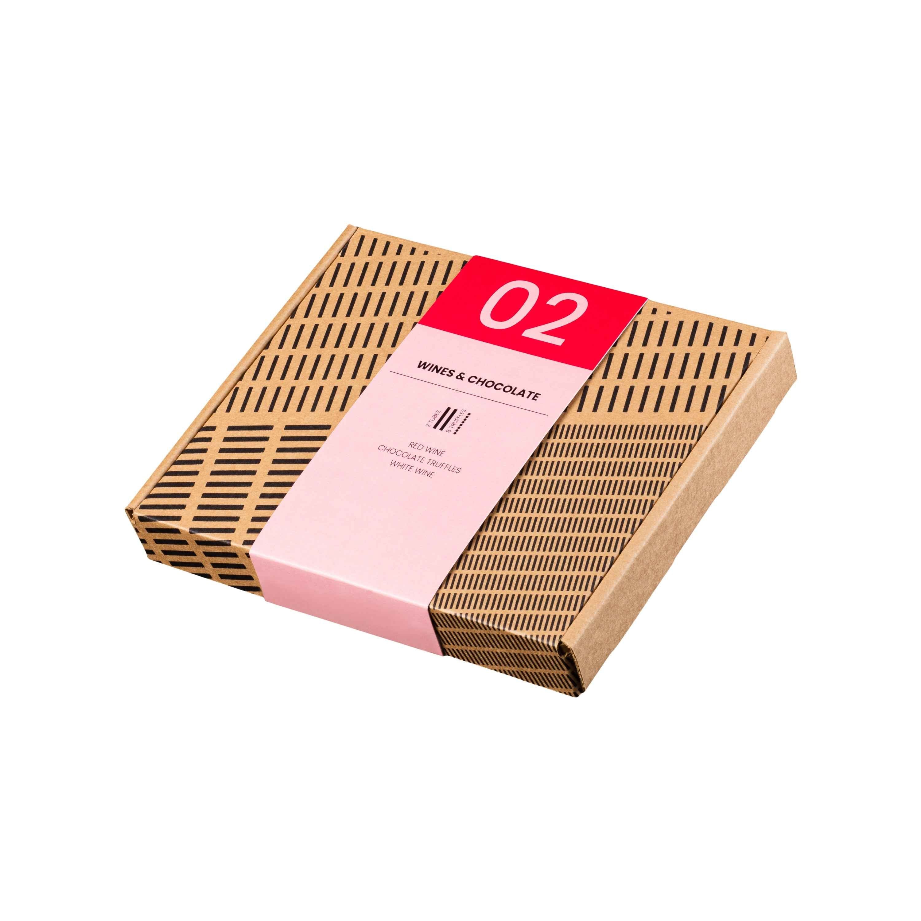 Wijn en chocolade cadeau letterbox met 2 wijnen en 8 chocoladetruffels - TUBES Gifts