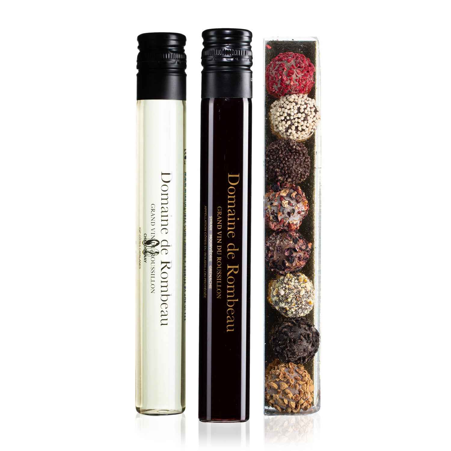 Wijnproeverij cadeau met 2 wijnen en 8 chocolade truffels - TUBES Gifts