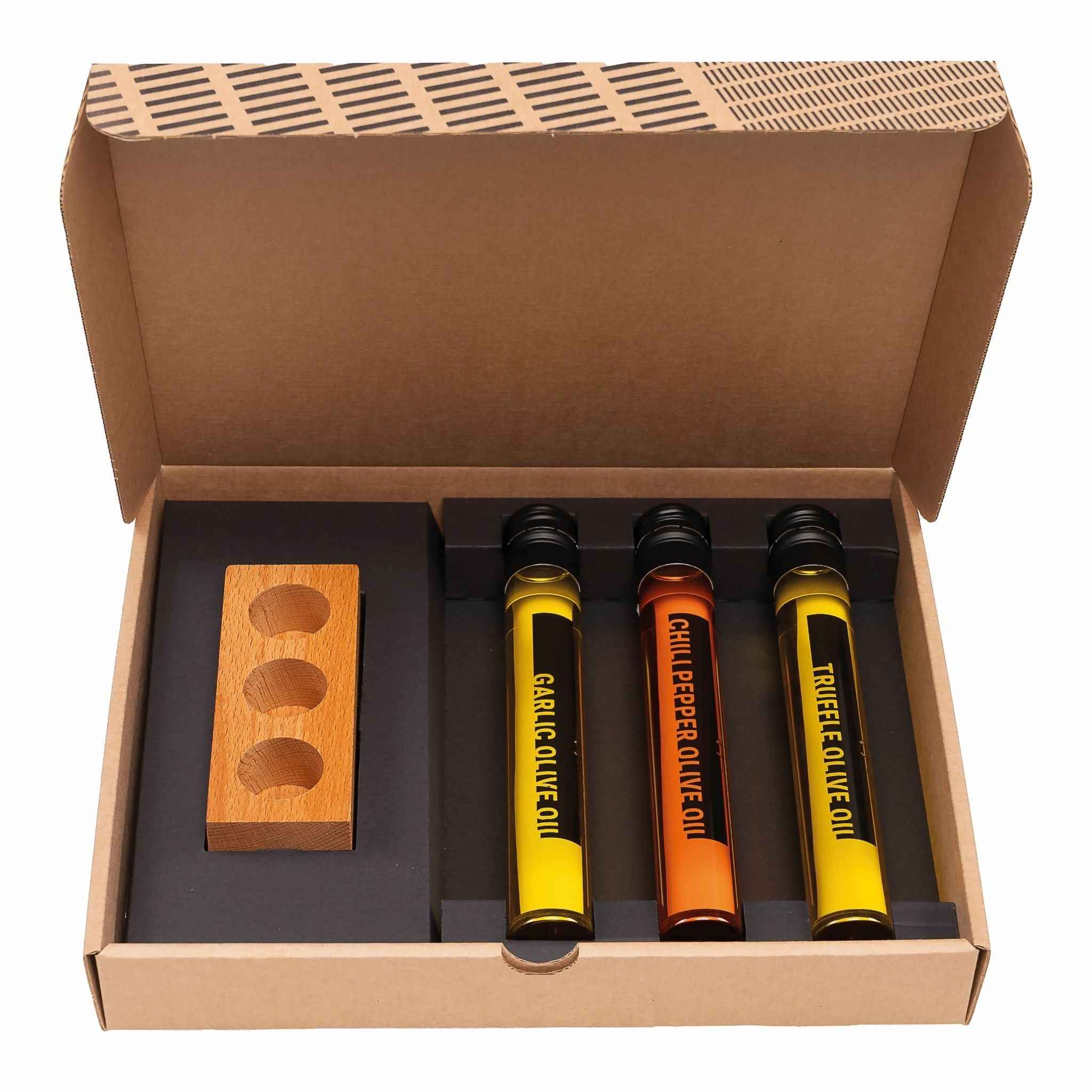 4 - Delige luxe olijfolie giftbox "I olive you" met beukenhouten houder - TUBES Gifts