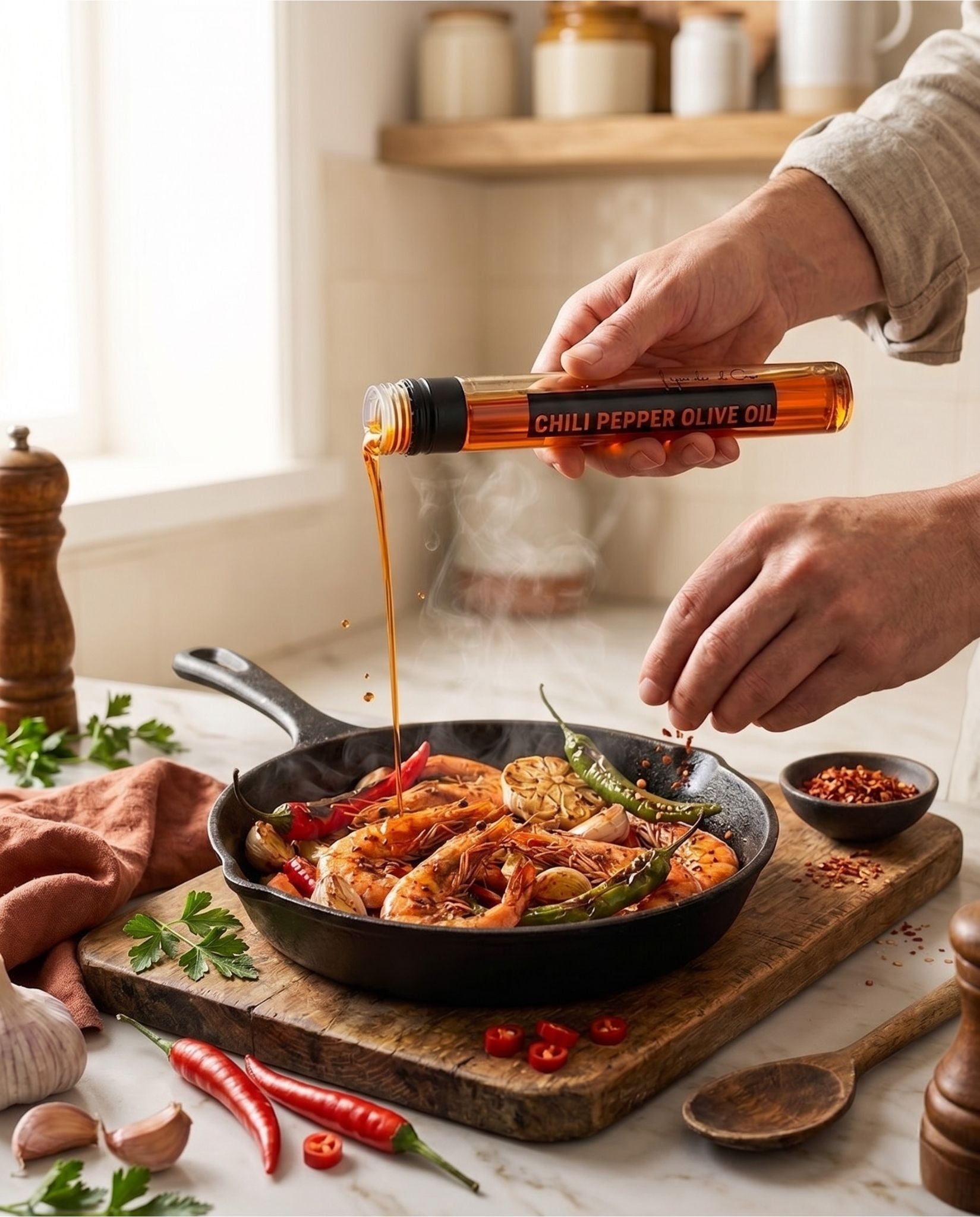 Handen schenken chili-olijfolie uit een tube over garnalen met pepers in een gietijzeren pan, in een lichte keuken.