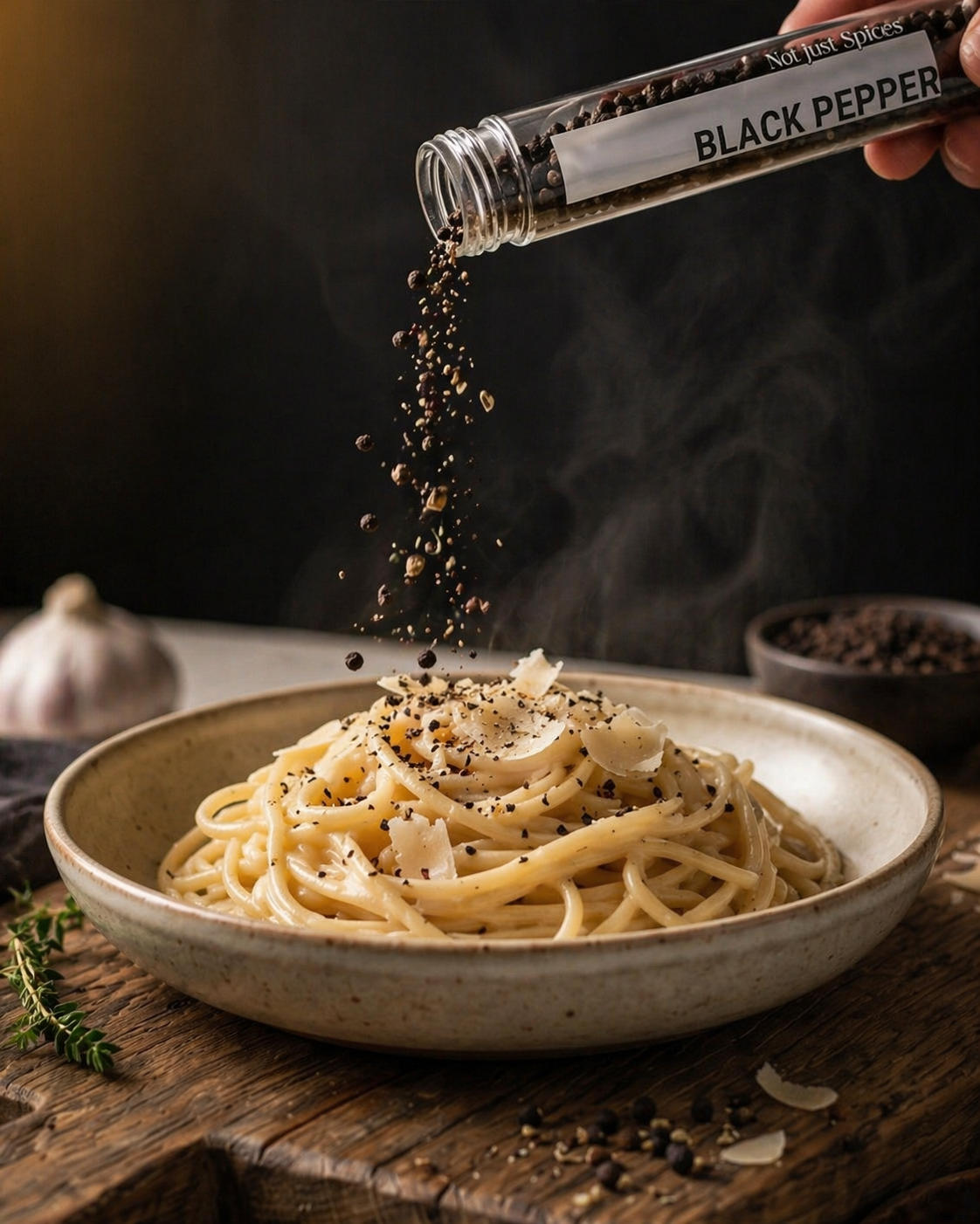 Zwarte peper wordt uit een tube over een bord dampende pasta met parmezaan gestrooid, op een donkere achtergrond. 