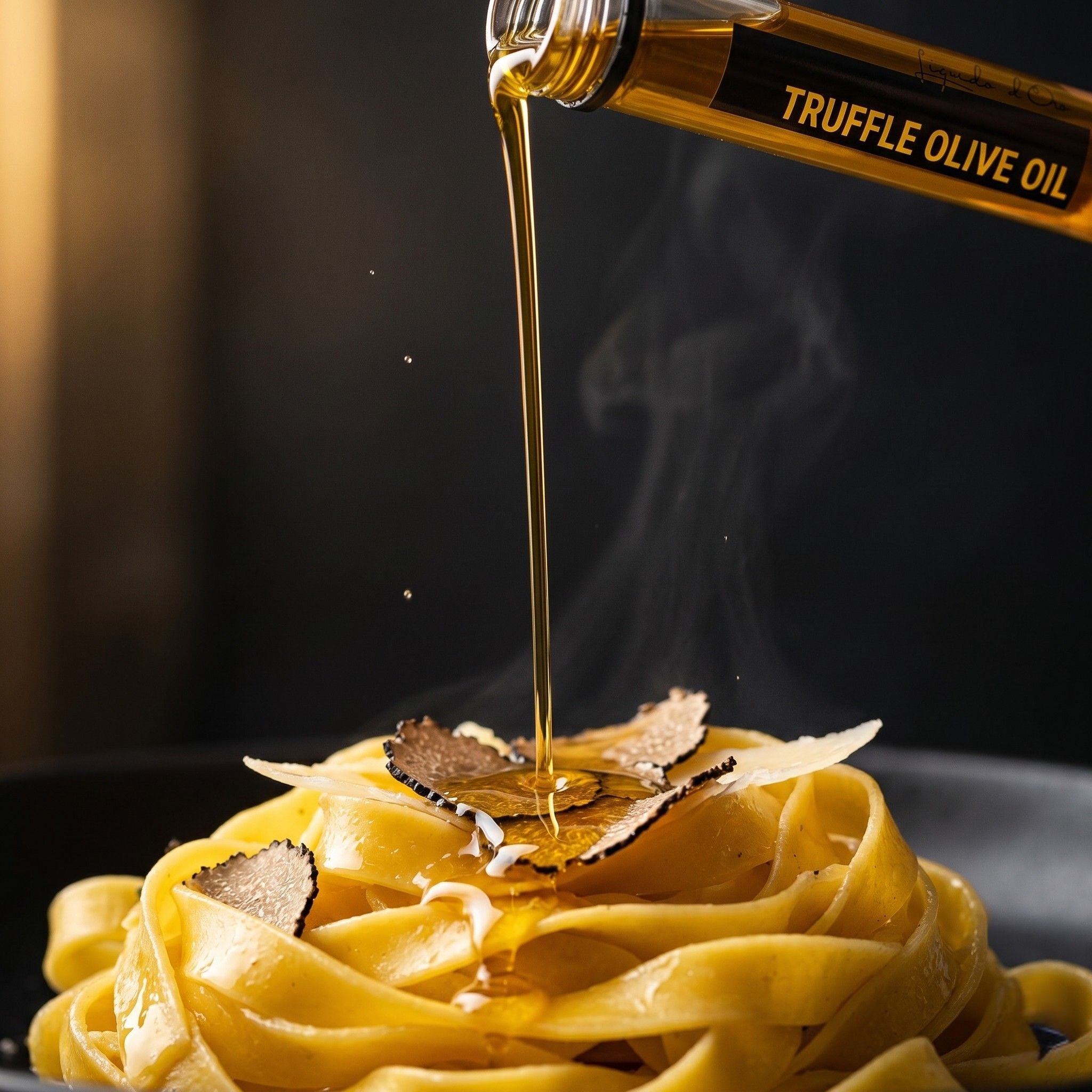 Truffel-olijfolie wordt uit een tube over verse tagliatelle met truffelschaafsels en parmezaan gegoten, op een donkere achtergrond.