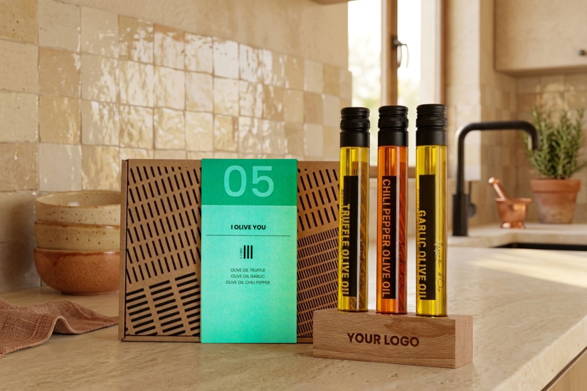 Olijfolie-cadeauset "I Olive You" met drie tubes in een houten houder met "Your Logo"-gravure, op een keukenblad. 