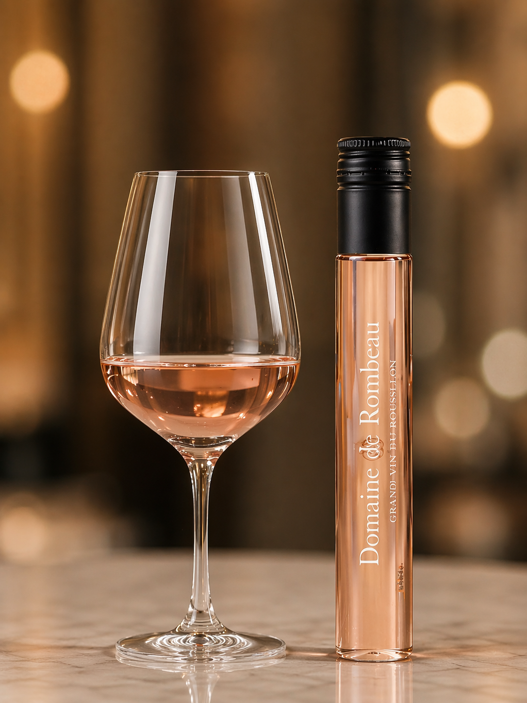 Domaine de Rombeau-roséwijntube naast een glas rosé op marmer