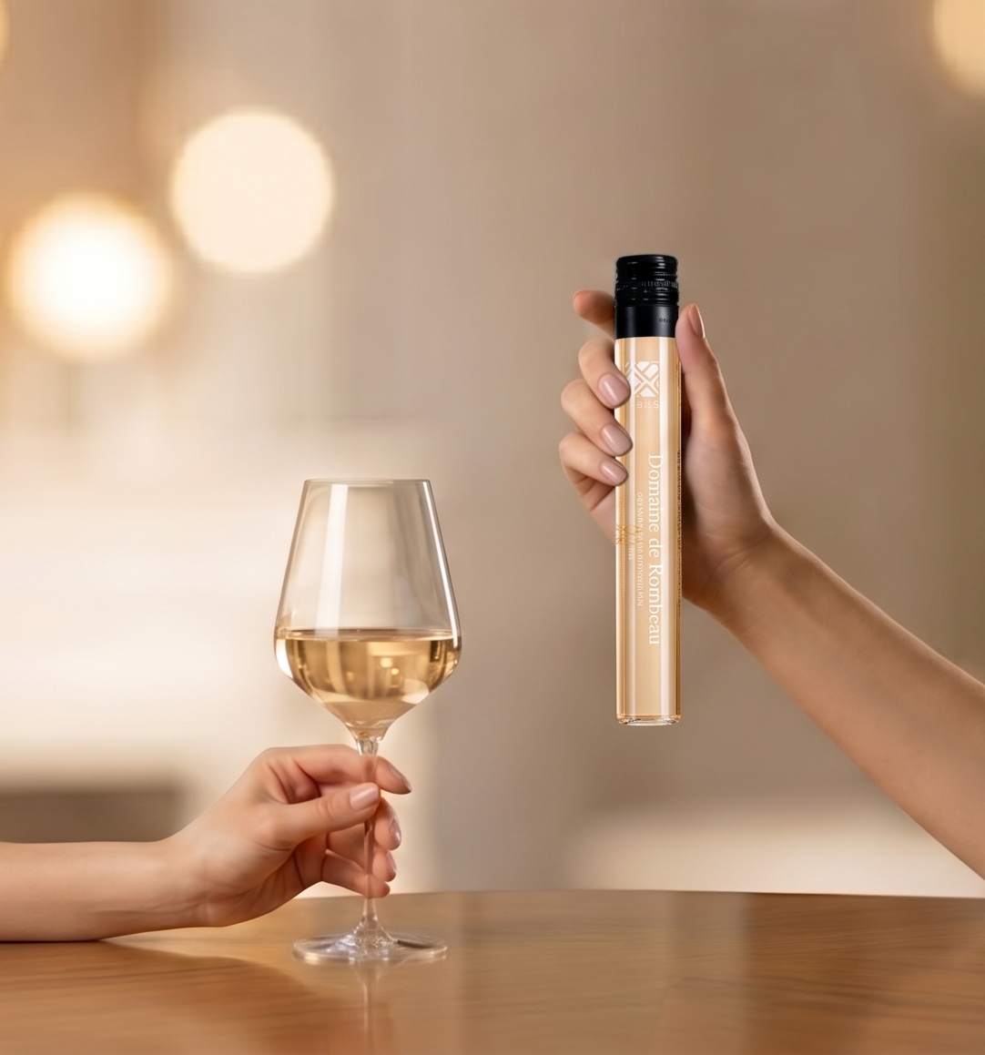 Een hand houdt een Domaine de Rombeau-roséwijntube vast terwijl een andere hand een glas wijn vasthoudt.