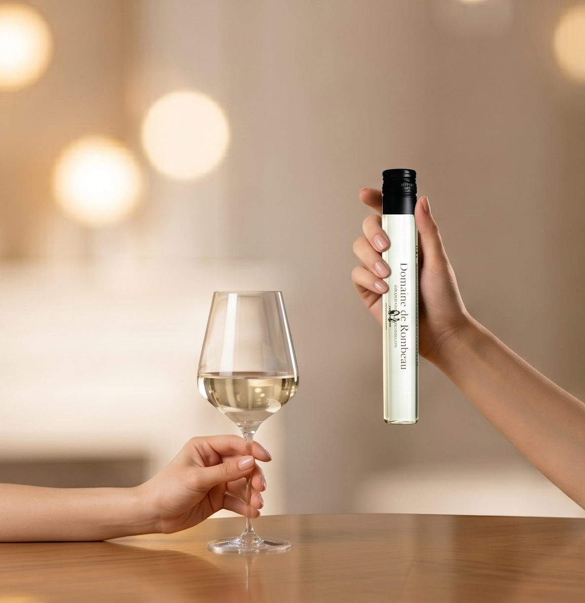 Een hand houdt een Domaine de Rombeau-wittewijntube vast terwijl een andere hand een glas witte wijn vasthoudt.