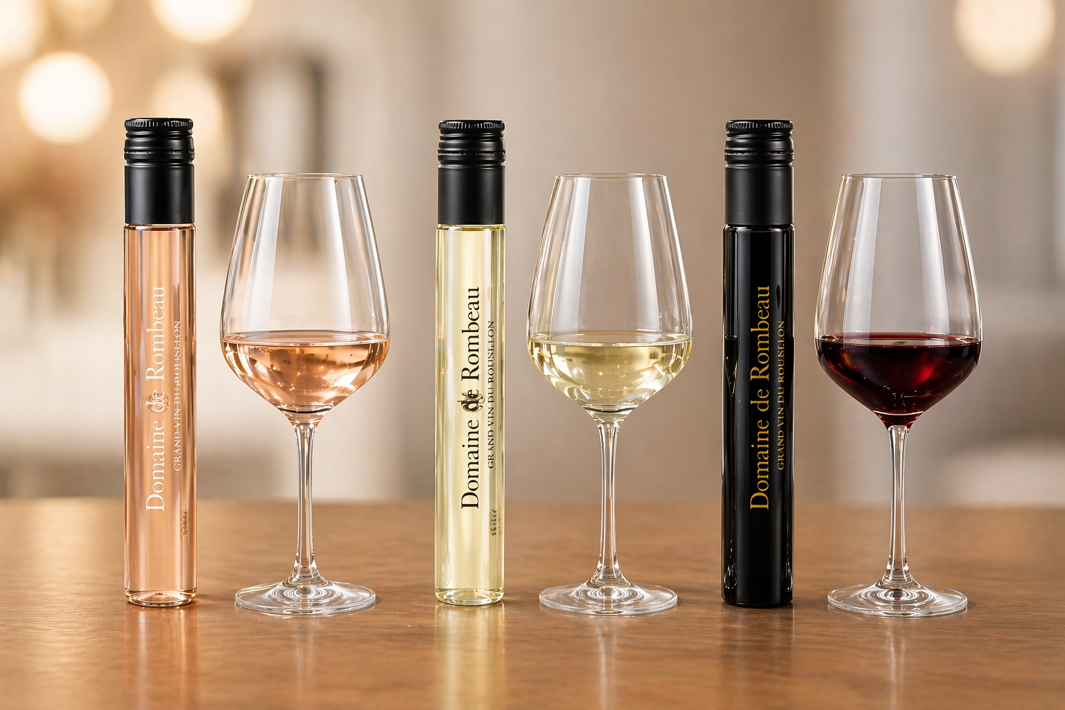 Drie Domaine de Rombeau-wijntubes, rosé, wit en rood naast elkaar met bijpassende ingeschonken wijnglazen.