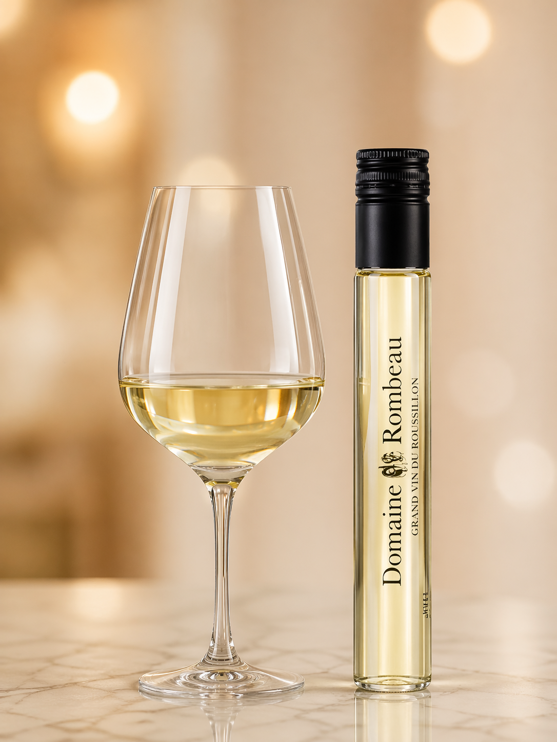 Domaine de Rombeau-wittewijntube naast een glas witte wijn op marmer.