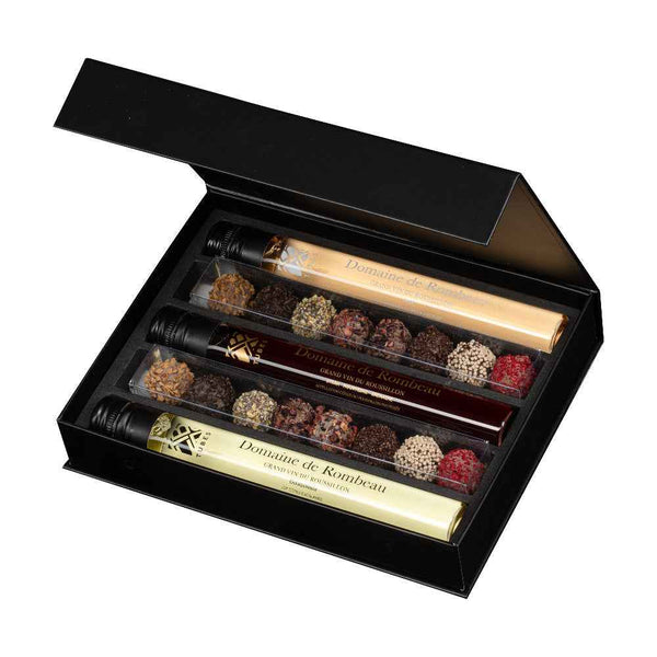 Luxe wijnproeverij en chocolade giftbox met 3 wijnen en 16 truffels - TUBES Gifts