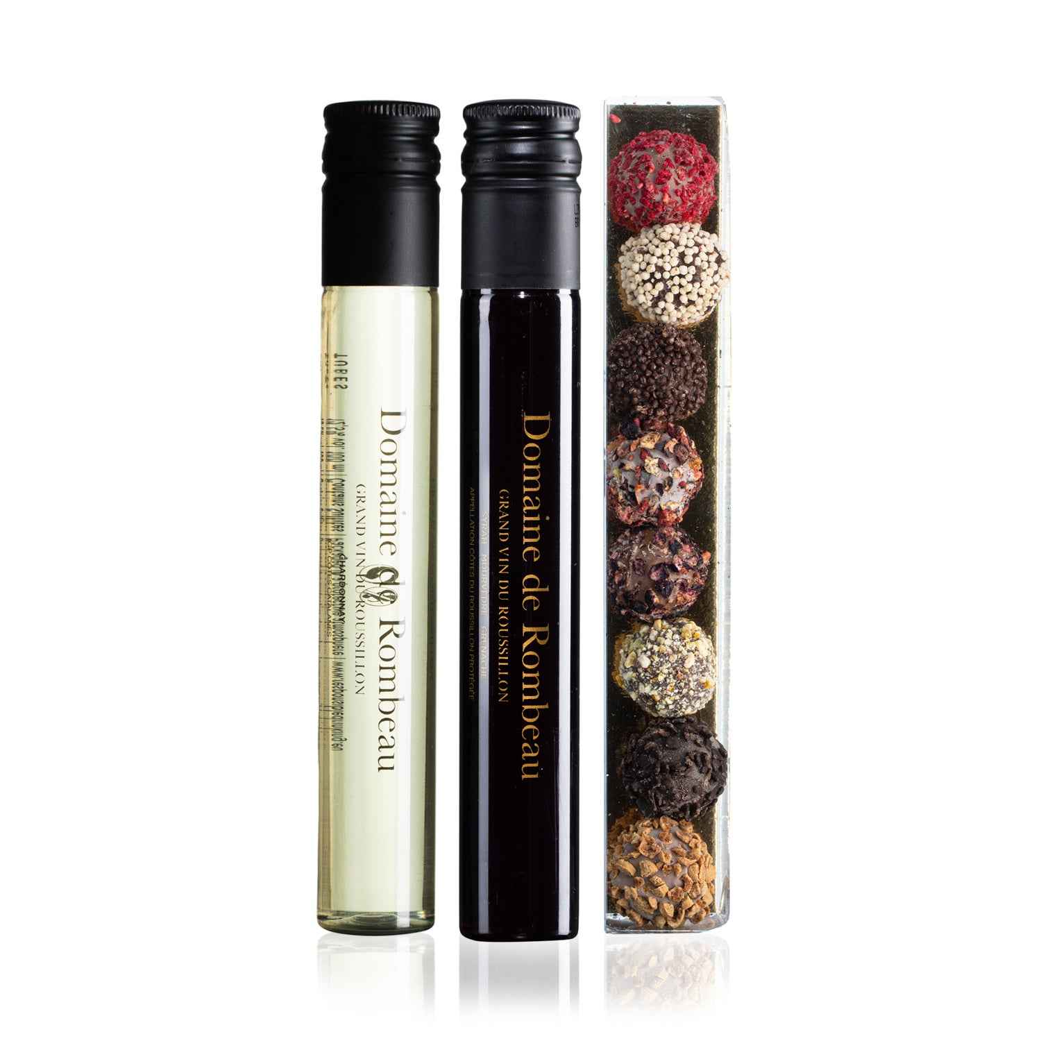 Wijn en chocolade cadeau letterbox met 2 wijnen en 8 chocoladetruffels - TUBES Gifts