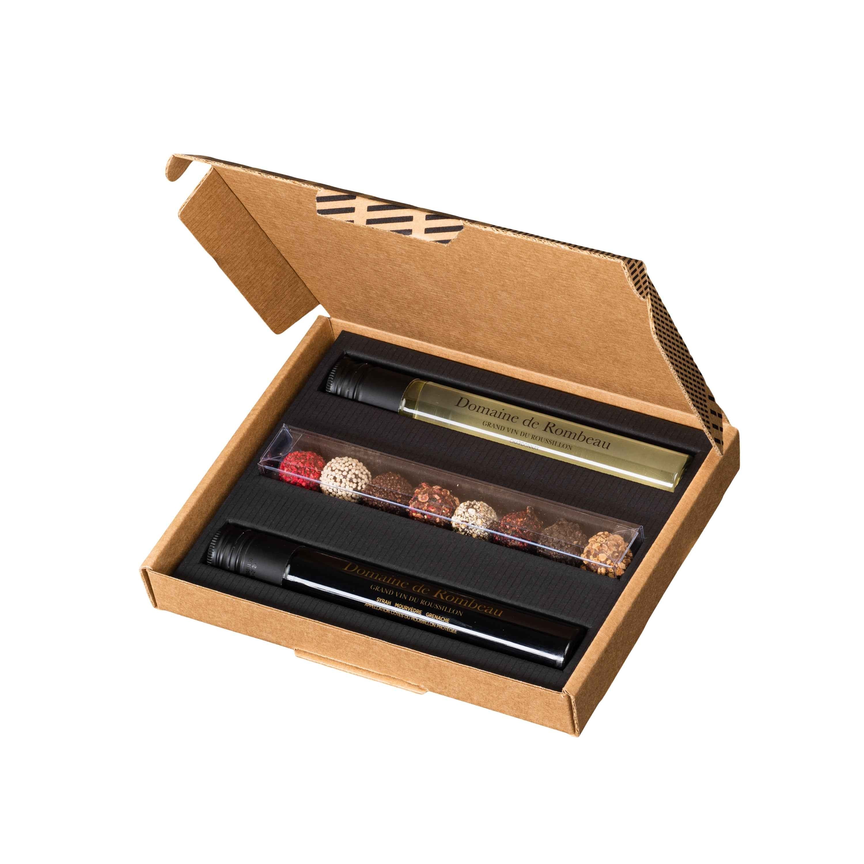 Wijn en chocolade cadeau letterbox met 2 wijnen en 8 chocoladetruffels - TUBES Gifts
