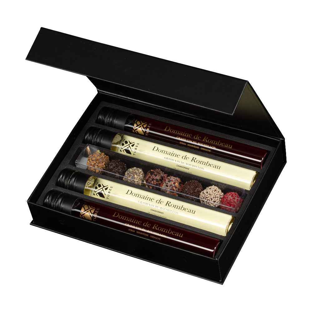 Wijnproeverij en chocolade giftbox met 4 wijnen en 8 chocoladetruffels - TUBES Gifts