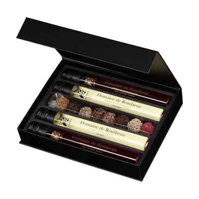 Wijnproeverij en chocolade giftbox met 4 wijnen en 8 chocoladetruffels - TUBES Gifts